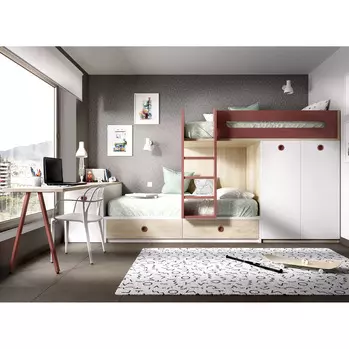 Dormitorio Juvenil cama tren con armario y cajones contenedores