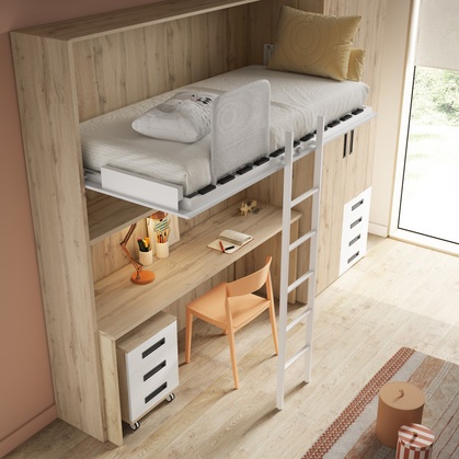 Cama Alta YA025 con Escritorio Debajo: Ahorro de Espacio para Dormitorios Juveniles