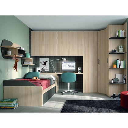 Dormitorio Juvenil W020: 2 Camas, Armario Rinconero, Escritorio y Estanterías