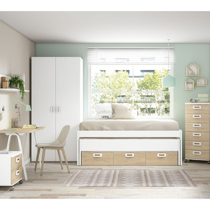 Cama compacta juvenil EX J165 con cama extraíble y cajones en blanco y roble