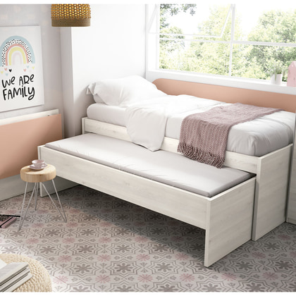 Compacto EX J165-BIS3 con cama oculta y cajones en madera clara y rosa suave