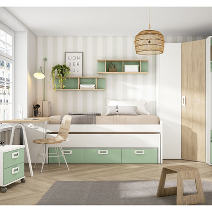 Cama compacta EX J167-BIS1 con cama nido y 3 cajones verde menta