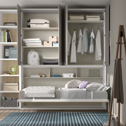 Cama abatible vertical W022 para hoteles 90x190 con armario y baldas