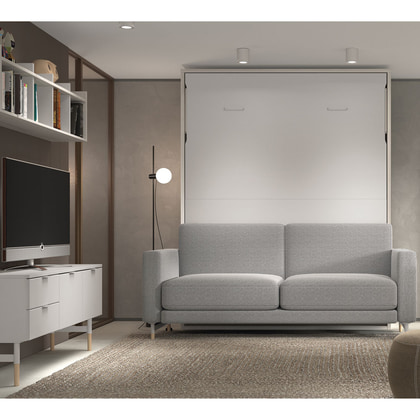 Cama abatible F266 con sofá y estantería trasera – Solución versátil para hoteles