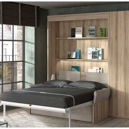 Cama abatible F270 con sofá fijo y baldas iluminadas – Solución premium para hoteles