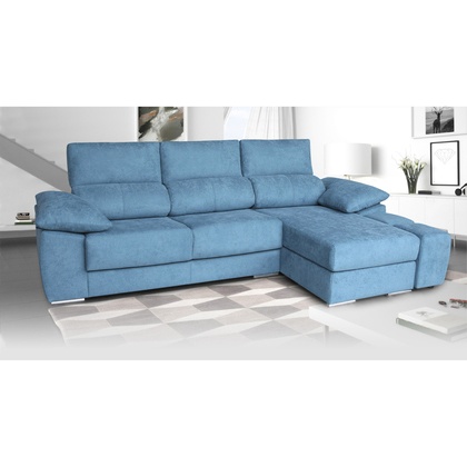 Sofá chaise longue TB-2-ML en azul intenso con respaldo alto y patas metálicas
